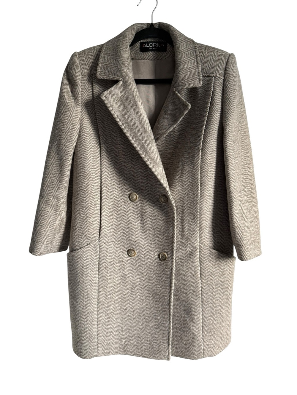 Alorna Vintage Cream/Gray Herringbone Wool Double Breasted Coat, Size Sm/Medium